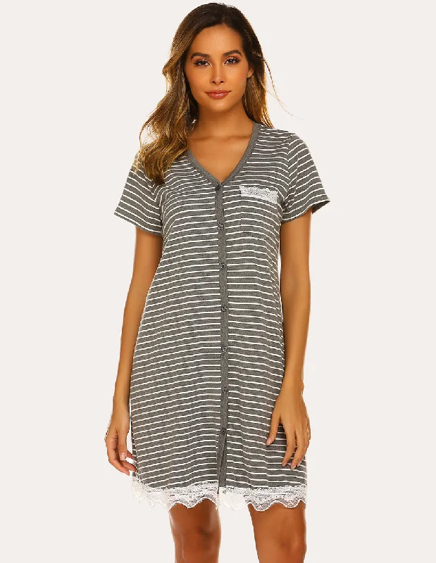 Ekouaer Contrast Color Striped Loose Nightdress