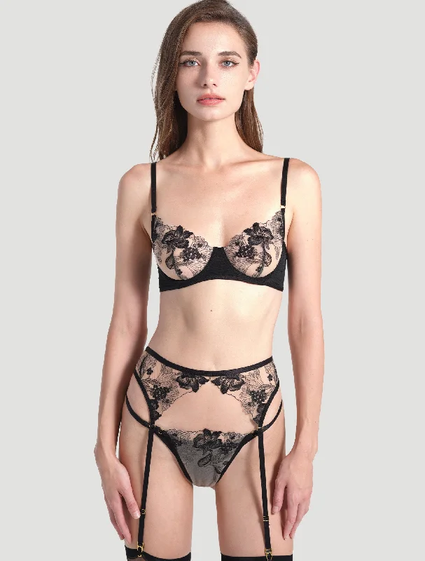 Floral Embroidered Lingerie Set Black