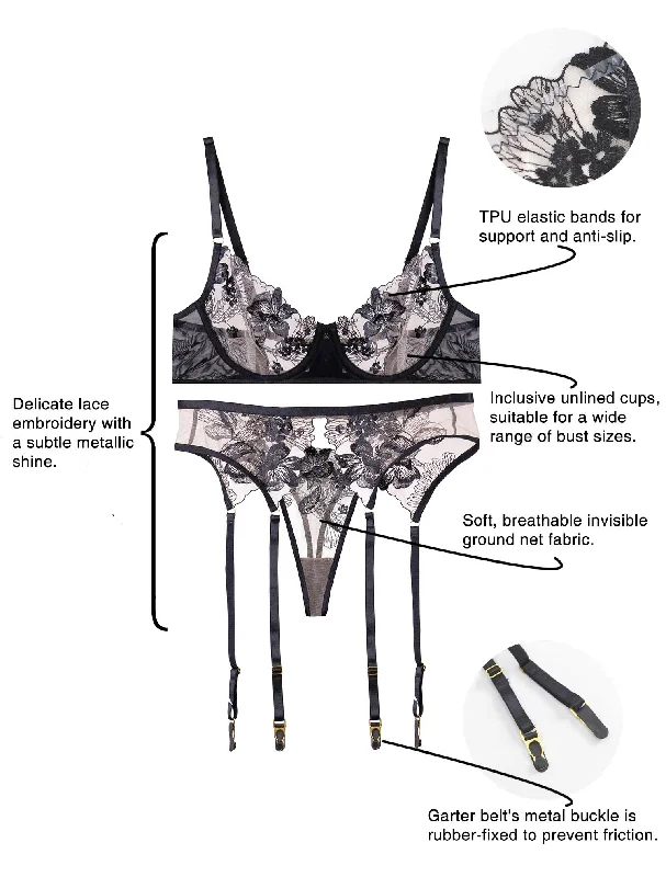 Floral Embroidered Lingerie Set Black