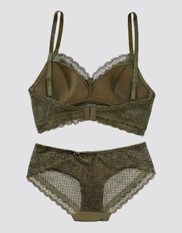 Lace Checker Bralette Set - Olive