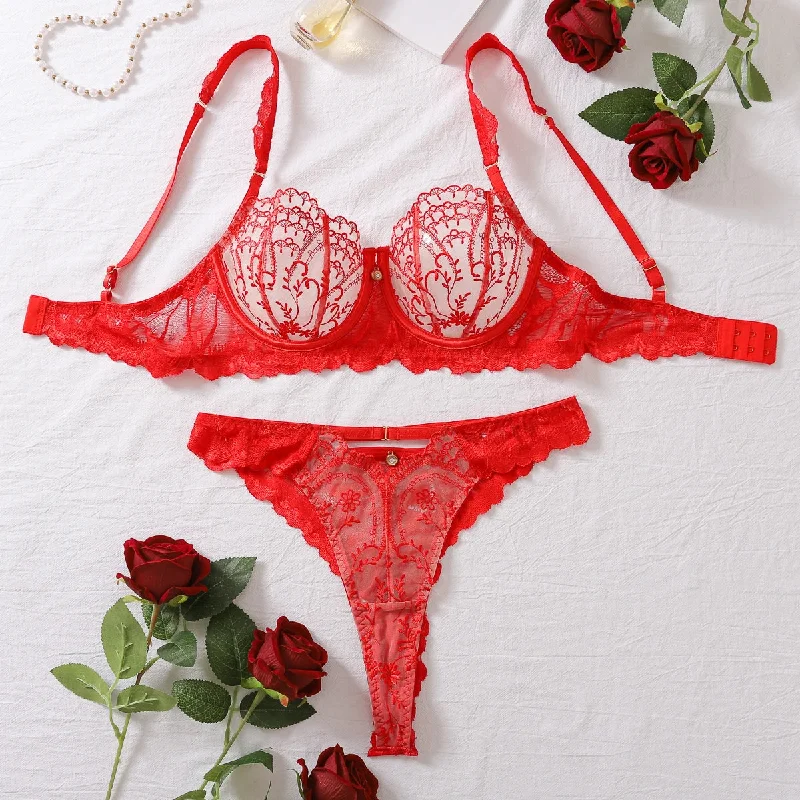 Shelly Transparent Lace Embroidery Bra and Panty Set