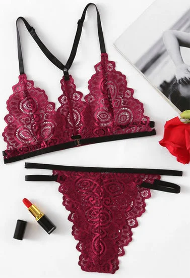 Sheln Maroon Lace Strappy Lingerie Set