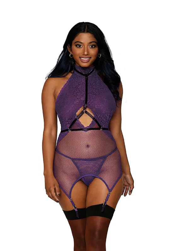 Three piece fishnet garter slip set