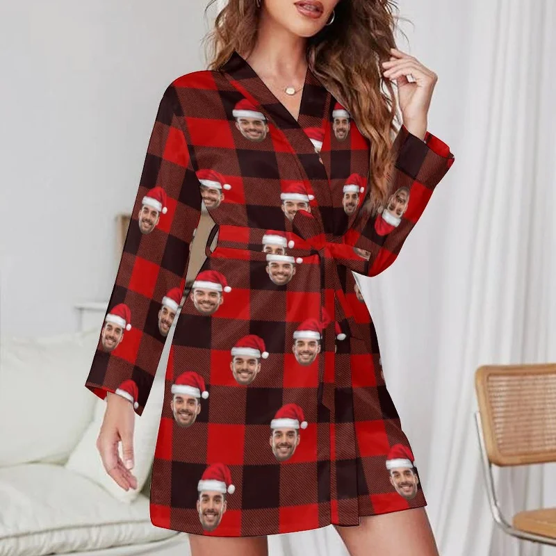 Custom Face Pajamas Robes Black Red Black Grid Women's Personalized Pajamas for Christmas