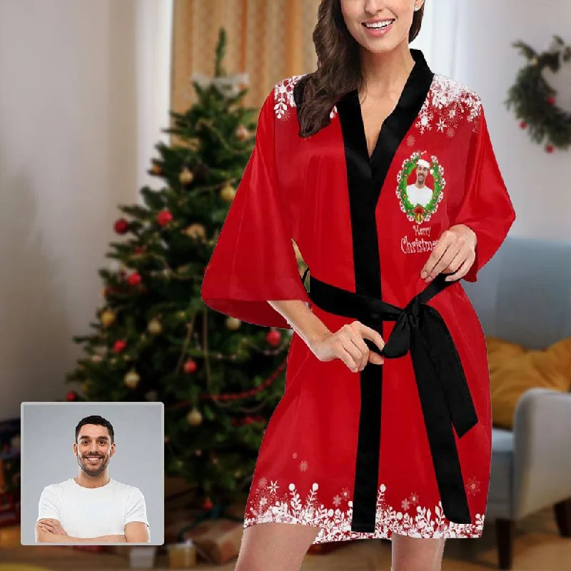 Custom Face Pajama Robe Christmas Wreath Women's Personalized Nightgown