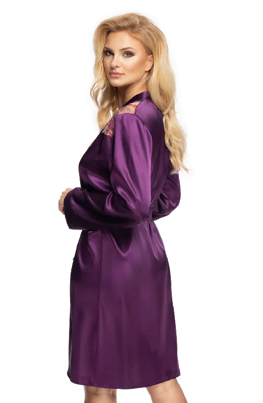 Ladies Stunning Satin Floral Embroidered Lace Sleeves Waist Belt Short Dressing Gown