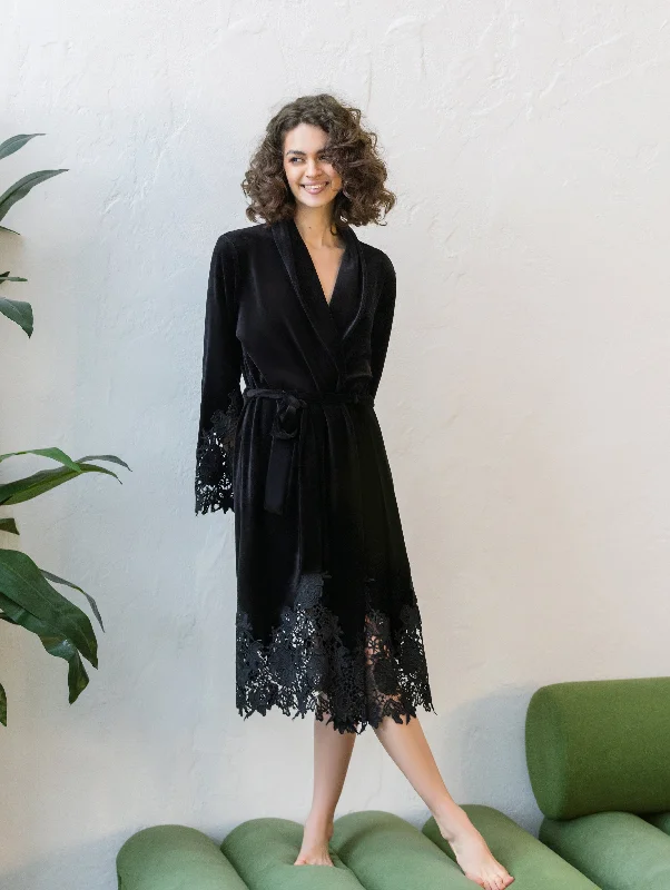 Marielle guipure-trimmed black velour short robe