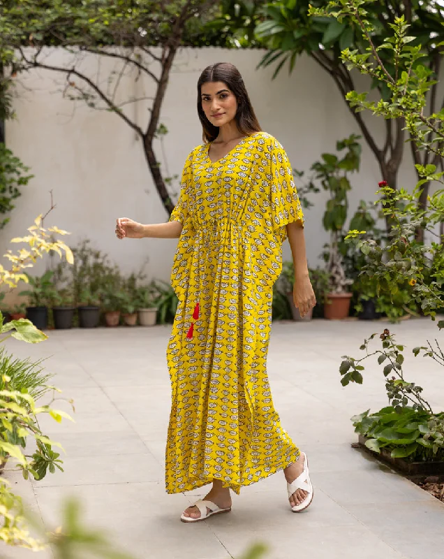 Nazar Battu Hand Block Printed Cotton Kaftan - Full Length