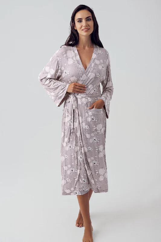 Shopymommy 15504 Flower Patterned Maternity Robe Coffee