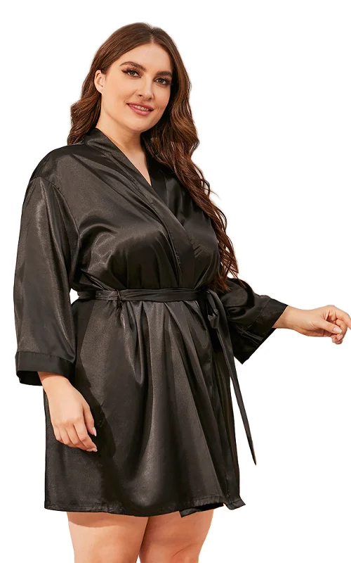 Women's Plus Size Satin Short Kimono Robes-Black