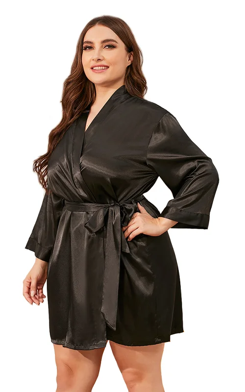 Women's Plus Size Satin Short Kimono Robes-Black