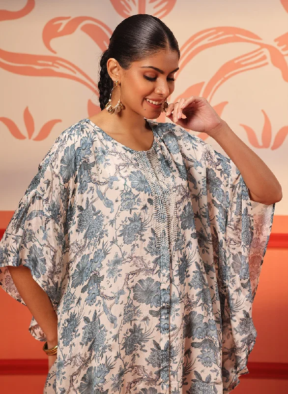 Alaya Smoky Blue Printed Chiffon Long Top for Women