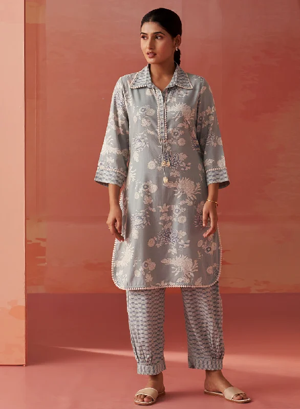 Alvia Silver Grey Printed Viscose Cotton Straight Co-ord Set