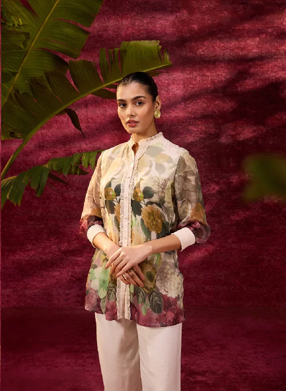 Ayeza Green Printed Crepe Shirt for Women