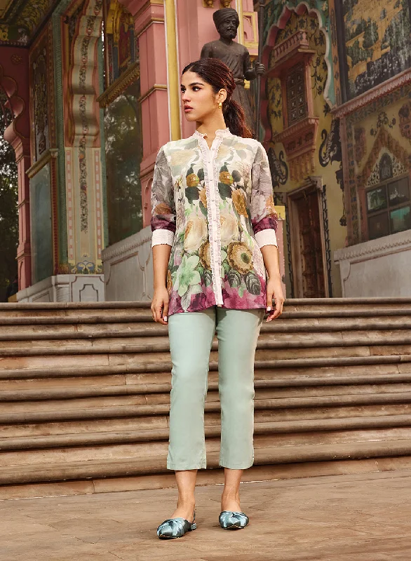 Ayeza Green Printed Crepe Shirt for Women