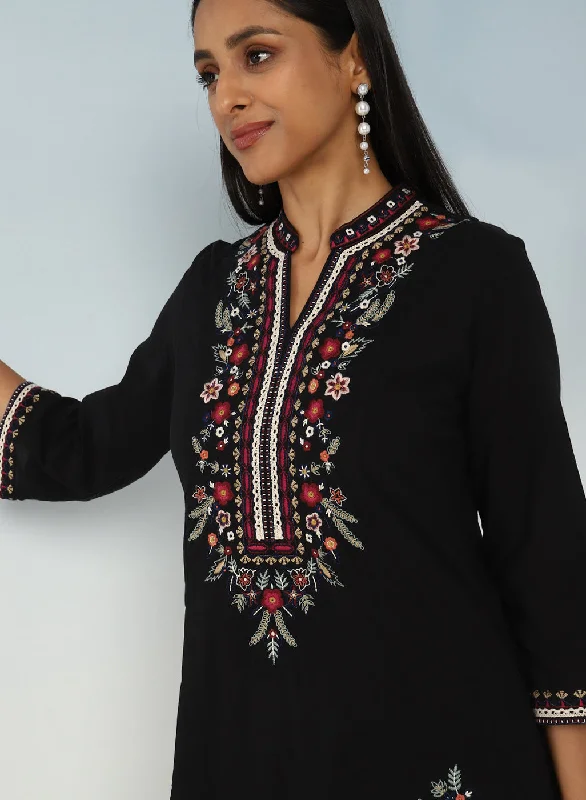 Black Boho Straight Tunic with Dense Embroidery