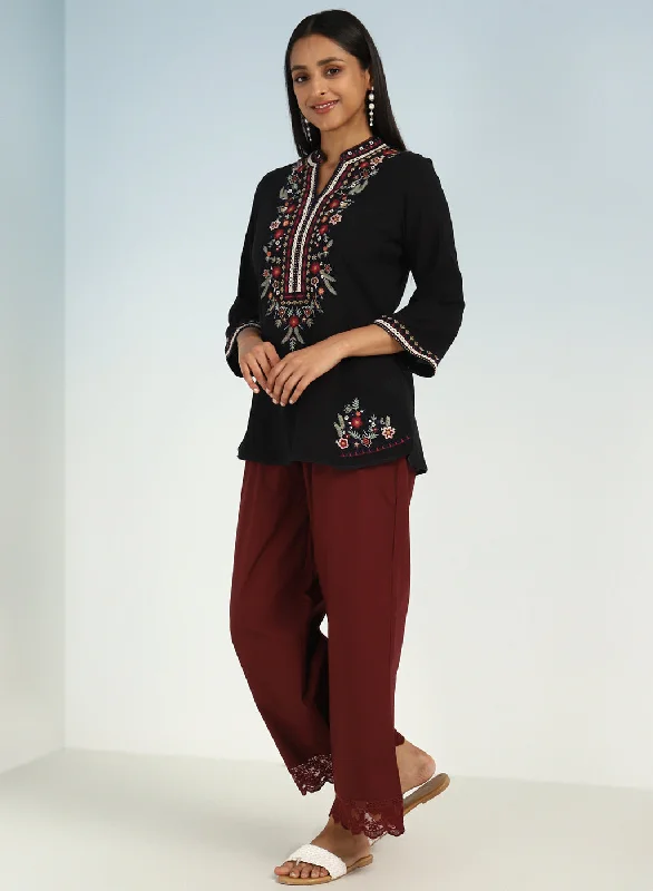 Black Boho Straight Tunic with Dense Embroidery