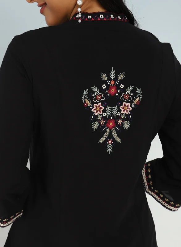 Black Boho Straight Tunic with Dense Embroidery