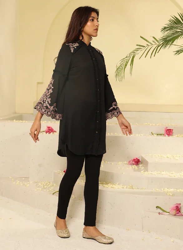 Black Embroidered Tunic with Button Detailing