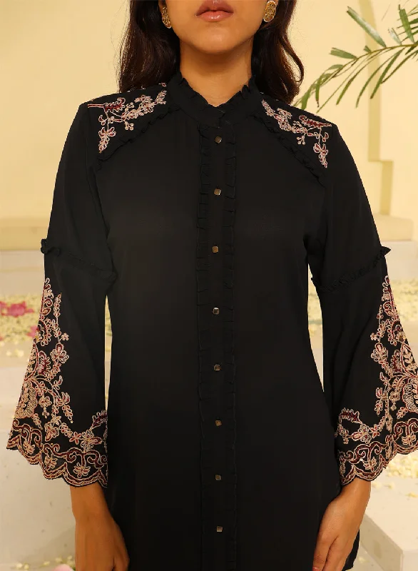 Black Embroidered Tunic with Button Detailing