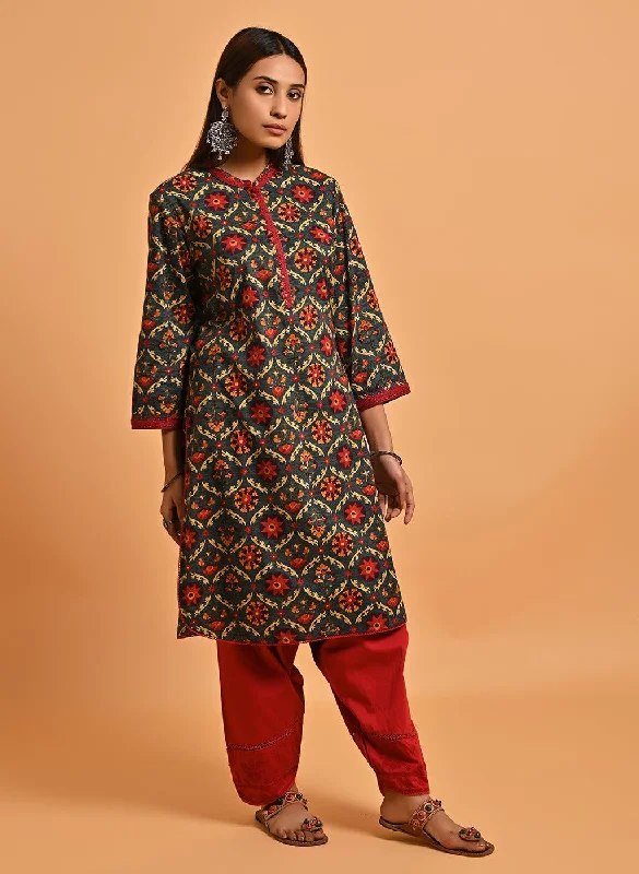 Green Ethnic Printed Kurta with Lace Detailing