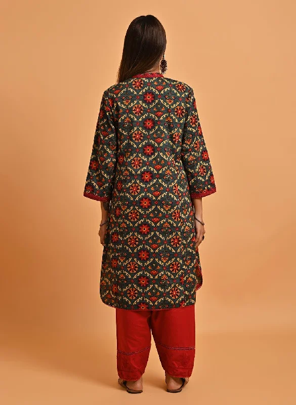 Green Ethnic Printed Kurta with Lace Detailing