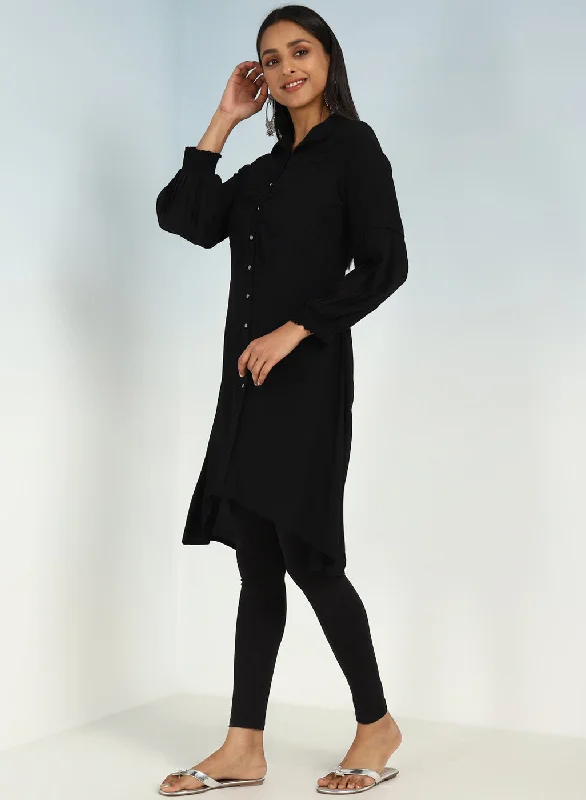 Black Kurti with Curved Hem and Pleated Sleeves