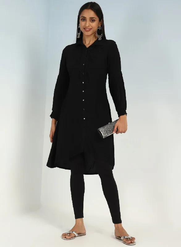 Black Kurti with Curved Hem and Pleated Sleeves