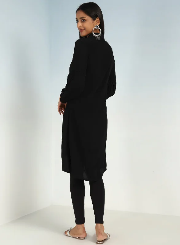 Black Kurti with Curved Hem and Pleated Sleeves