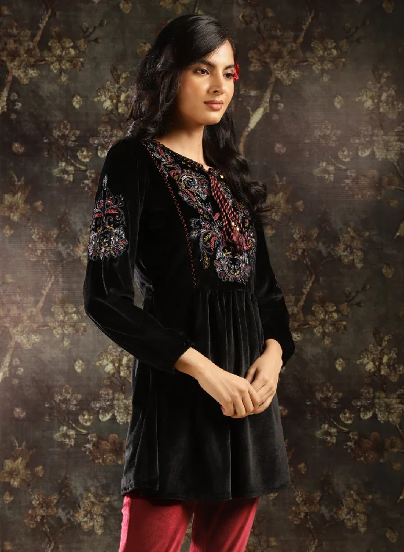 Black Velvet Tunic with Threadwork and Tassels