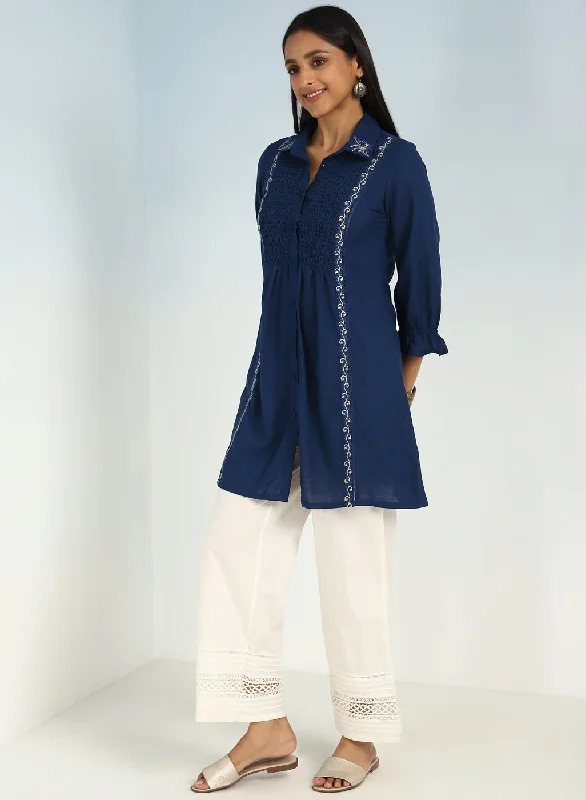 Blue A Line Tunic with Smocking Front and Classic Collar