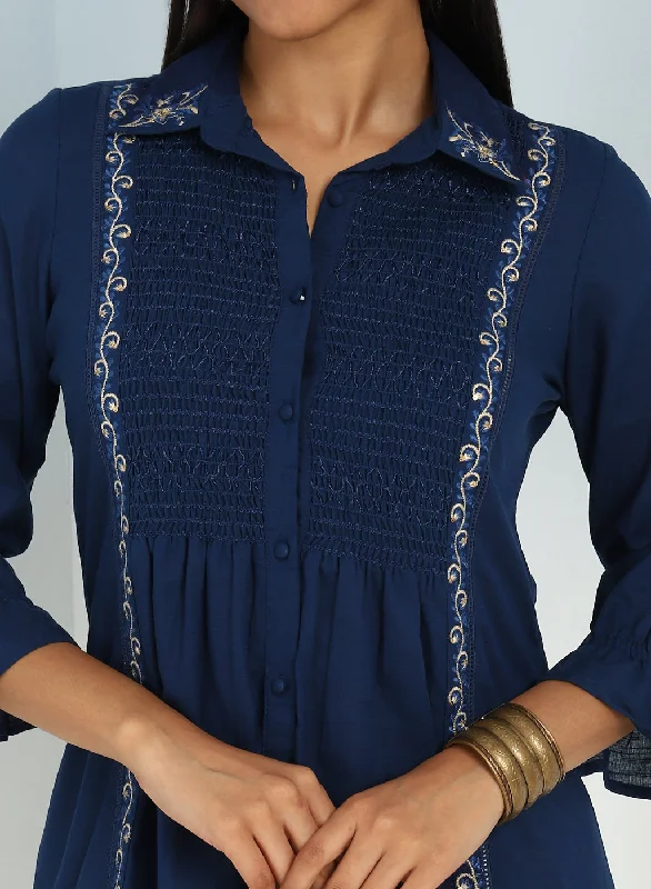 Blue A Line Tunic with Smocking Front and Classic Collar