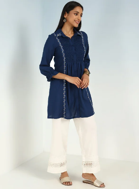 Blue A Line Tunic with Smocking Front and Classic Collar