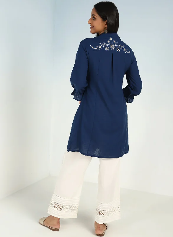 Blue A Line Tunic with Smocking Front and Classic Collar