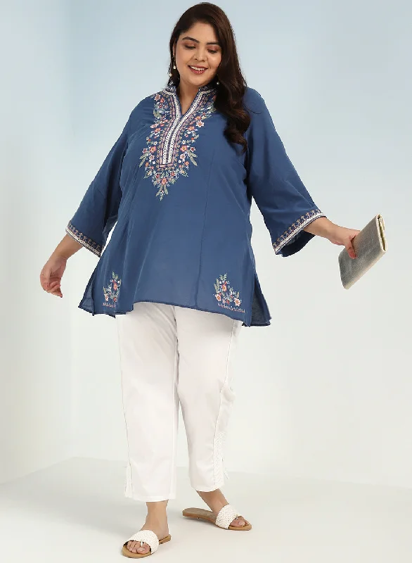 Blue Boho Straight Tunic with Dense Embroidery