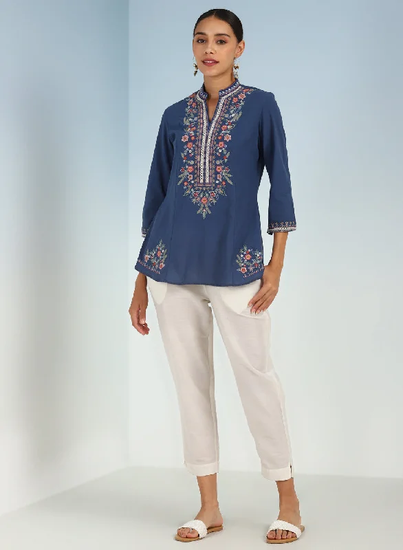 Blue Boho Straight Tunic with Dense Embroidery