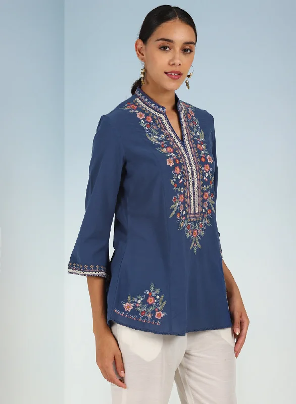 Blue Boho Straight Tunic with Dense Embroidery