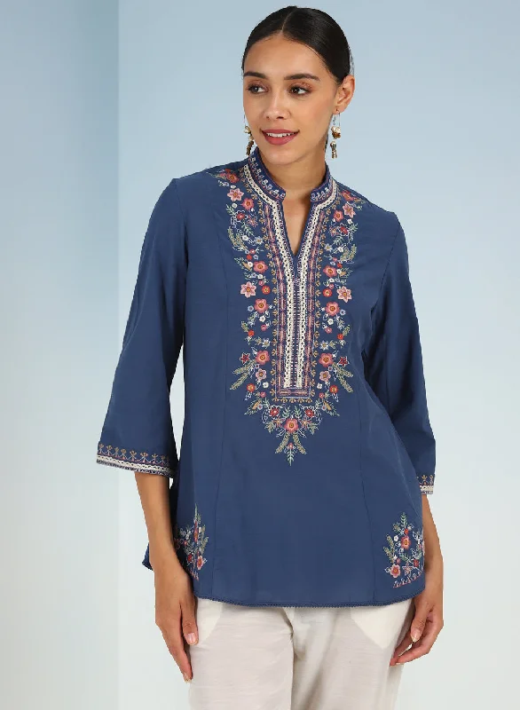 Blue Boho Straight Tunic with Dense Embroidery