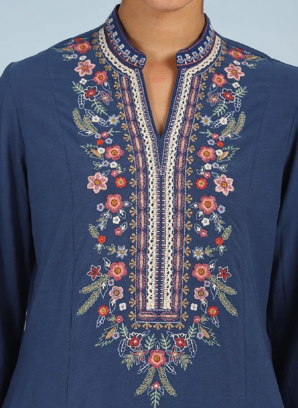 Blue Boho Straight Tunic with Dense Embroidery