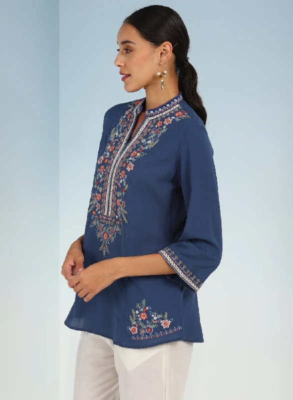 Blue Boho Straight Tunic with Dense Embroidery