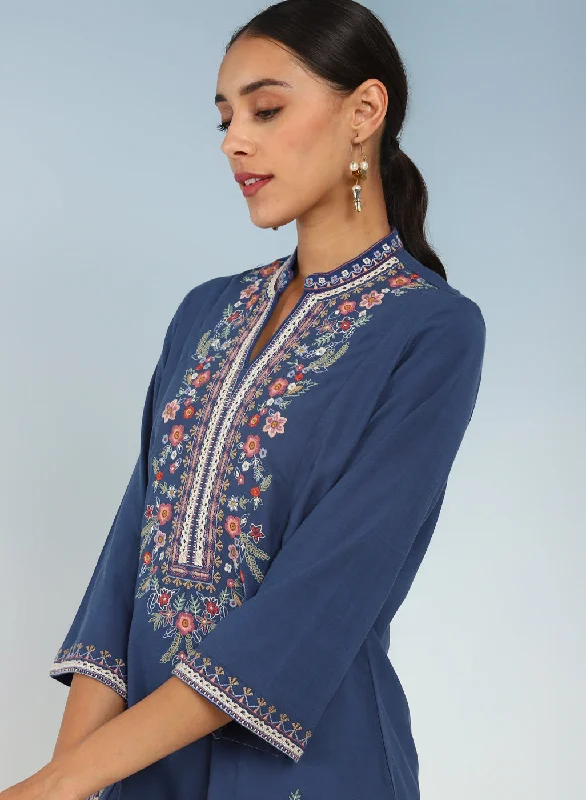 Blue Boho Straight Tunic with Dense Embroidery