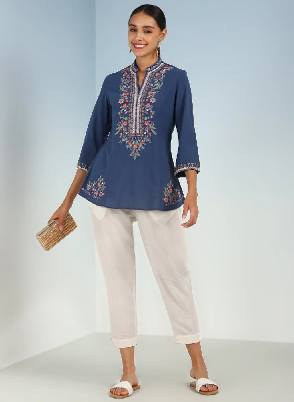 Blue Boho Straight Tunic with Dense Embroidery