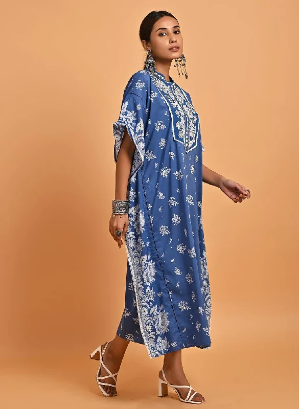 Blue Cotton Printed Kaftan Kurta with Embroidery