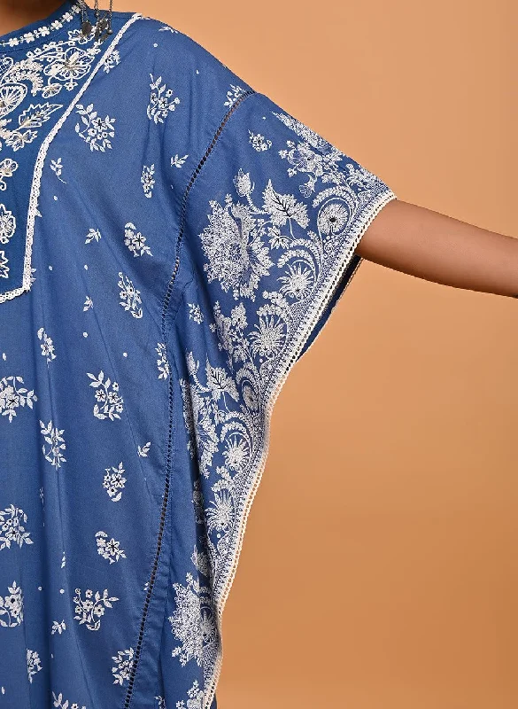 Blue Cotton Printed Kaftan Kurta with Embroidery