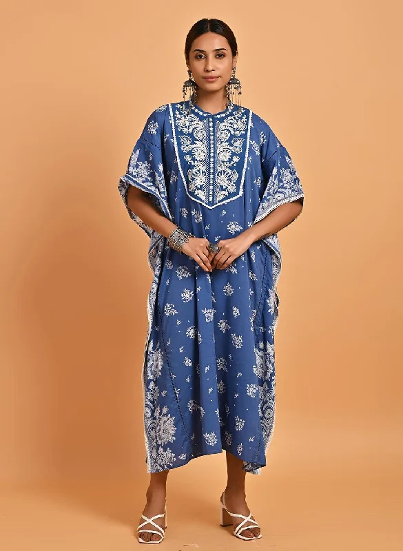 Blue Cotton Printed Kaftan Kurta with Embroidery