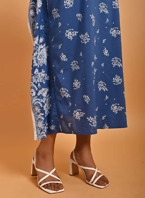 Blue Cotton Printed Kaftan Kurta with Embroidery