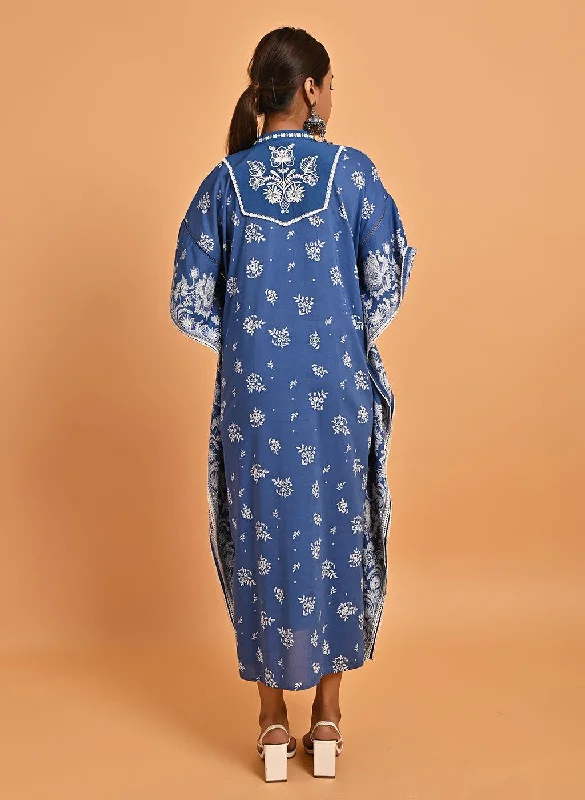 Blue Cotton Printed Kaftan Kurta with Embroidery