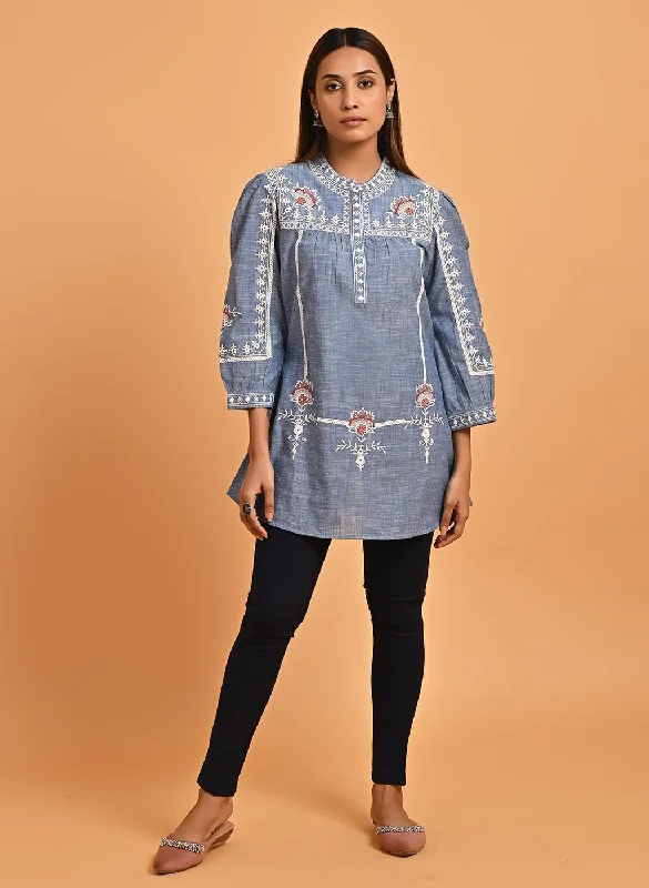 Blue Embroidered Slub Tunic