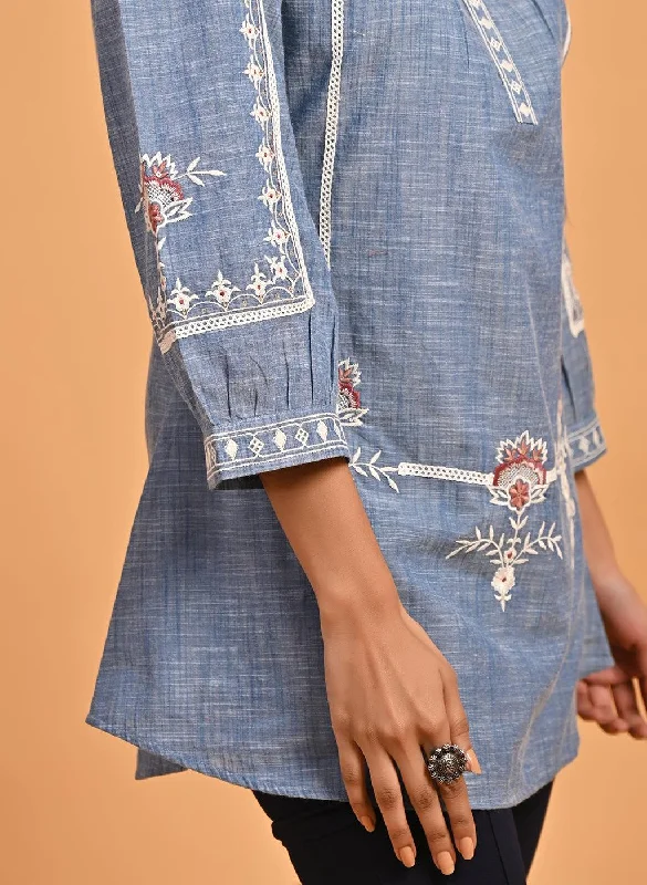 Blue Embroidered Slub Tunic