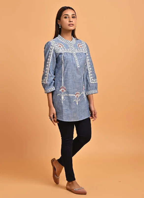 Blue Embroidered Slub Tunic